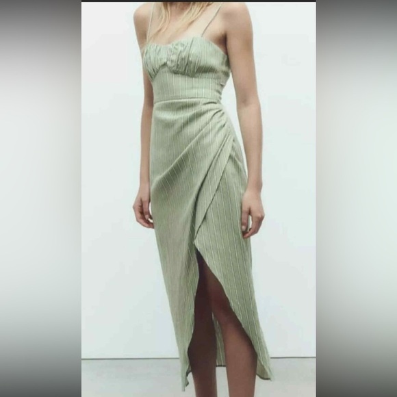 NWT ZARA Linen Blend Midi Corset Dress Green/White Striped M - Picture 10 of 11